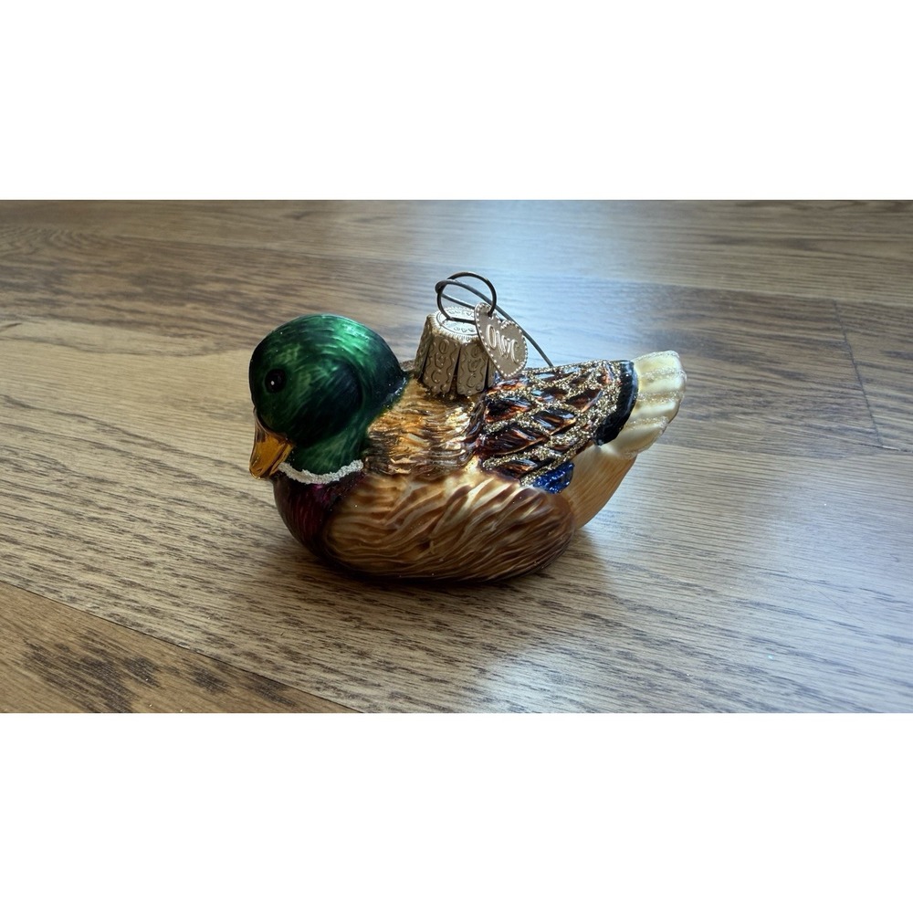 Old World Christmas Duck Mallard Glass Ornament 3" Long Glitter Accents Retro